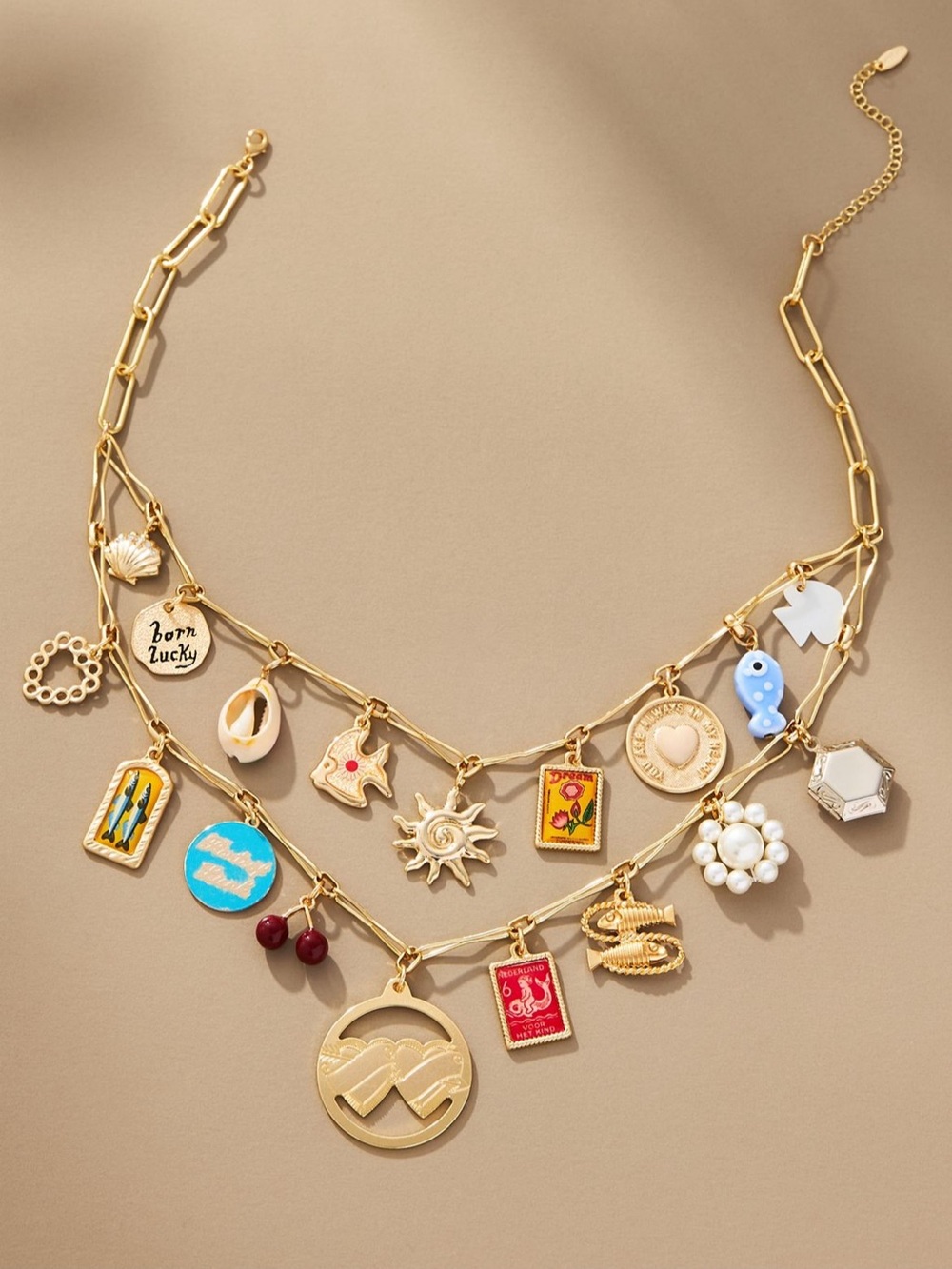 Anthropologie Gold Multi-Charm Necklace with Colorful Enamel Charms